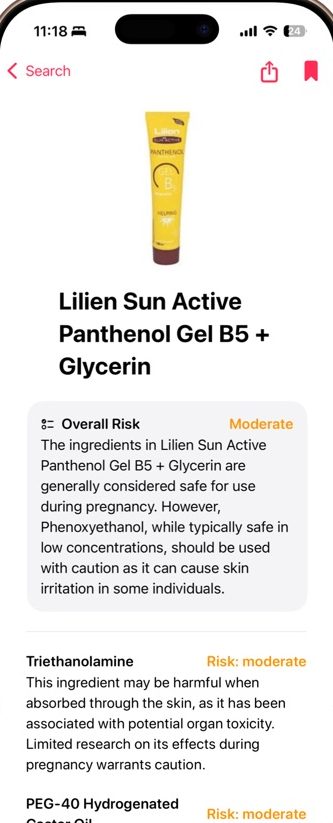 UltraScan result screen showing an overall pregnancy risk rating and a risk for each ingredient